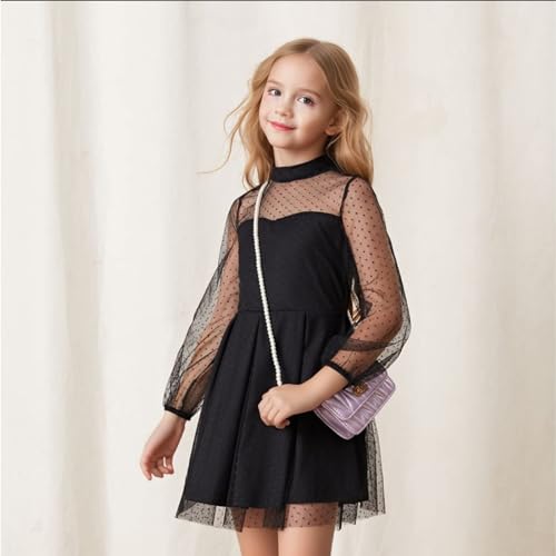 OFIMAN Girls Dress for Kids Casual Dresses for Girl Long Sleeve Mesh Party Dress High Waist A-Line Black (Black, 6-7 Years)