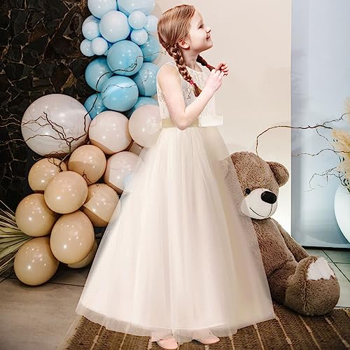 M MUNCASO Prom Dresses for Kids,Flower Girls Floral Lace Sleeveless Floor Length Wedding Formal Dress,Bow Tie Lace Girls Princess Dress,First Communion Pageant Dresses Wedding Flower Dress Champagne