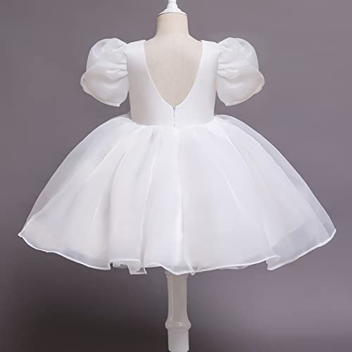 M MUNCASO Girls Party Dress, V Backless Puff Short Sleeves, Ruffle Hem Dresses Up for Wedding Dinner Birthday Occasion, 2-8 Years (White, for Height, 90cm/35.4in)