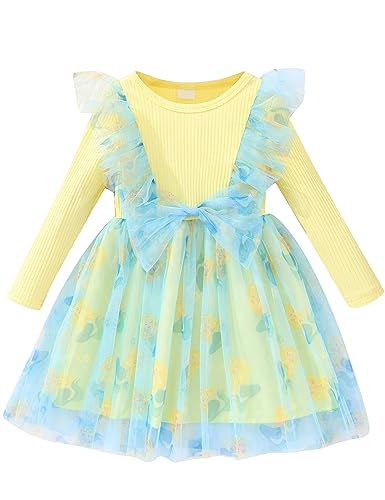 Toddler Baby Girls Dress Ribbed Long Sleeve Ruffle Unicorn/Mermaids Tulle Bowknot Dresses Casual Party Princess Dress for Girls 1-6 Years Yellow