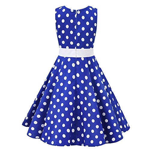 Kids 'Audrey' Vintage 50's Girls Dress Polka Dot Retro Floral Print Skater Rockabilly A Line Swing Party Dresses for Wedding Brithday Christmas Cocktail Evening Prom Blue 9-10 Years