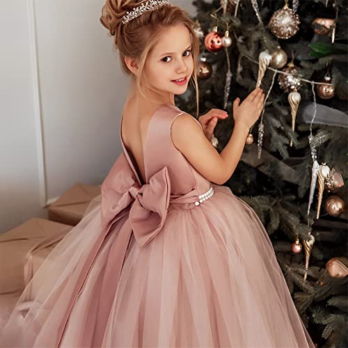 Elegant Pearls Satin Bow Knot Tulle Backless Flower Girl Dresses for Wedding Kids Princess Tulle Ball Gown (Dusty Rose Pink, 8-9Years)
