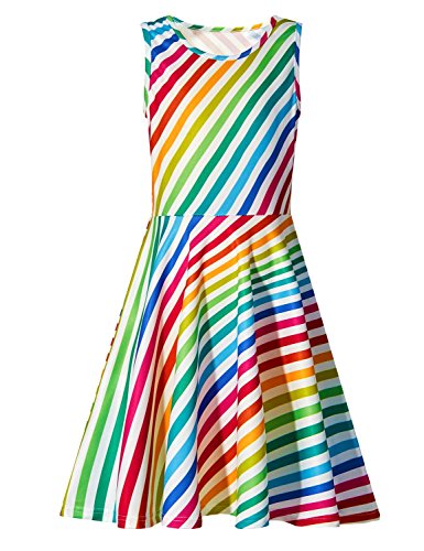 Belovecol Girls Cotton Dress Cute Print Casual Party Sundress Stripe Rainbow Dress 13-15 Years