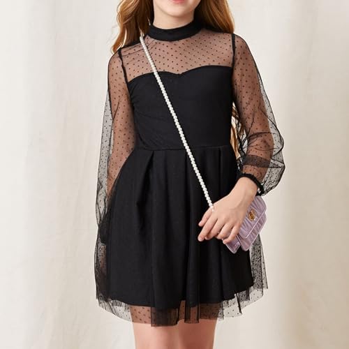 OFIMAN Girls Dress for Kids Casual Dresses for Girl Long Sleeve Mesh Party Dress High Waist A-Line Black (Black, 6-7 Years)