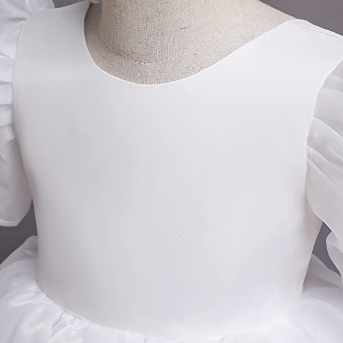 M MUNCASO Girls Party Dress, V Backless Puff Short Sleeves, Ruffle Hem Dresses Up for Wedding Dinner Birthday Occasion, 2-8 Years (White, for Height, 90cm/35.4in)