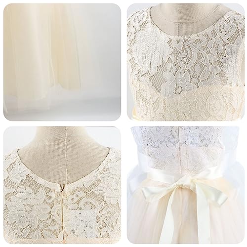 M MUNCASO Prom Dresses for Kids,Flower Girls Floral Lace Sleeveless Floor Length Wedding Formal Dress,Bow Tie Lace Girls Princess Dress,First Communion Pageant Dresses Wedding Flower Dress Champagne