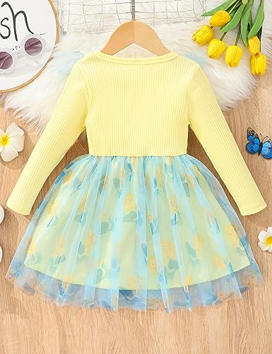 Toddler Baby Girls Dress Ribbed Long Sleeve Ruffle Unicorn/Mermaids Tulle Bowknot Dresses Casual Party Princess Dress for Girls 1-6 Years Yellow