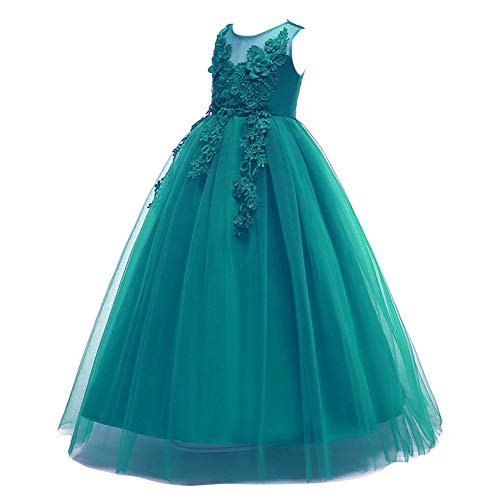 IWEMEK Kids Big Girls Bridesmaid Tulle Lace Dress School Girls Elegant Communion Ball Gown Dance Pageant Birthday Christmas Party Prom Evening Wedding Flower Dress Sleeveless Floor Length Green 10-11