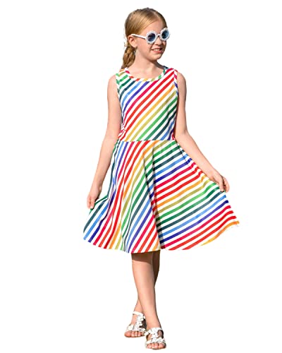 Belovecol Girls Cotton Dress Cute Print Casual Party Sundress Stripe Rainbow Dress 13-15 Years