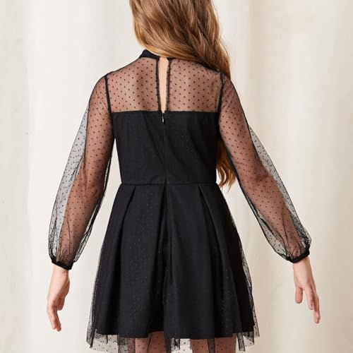 OFIMAN Girls Dress for Kids Casual Dresses for Girl Long Sleeve Mesh Party Dress High Waist A-Line Black (Black, 6-7 Years)