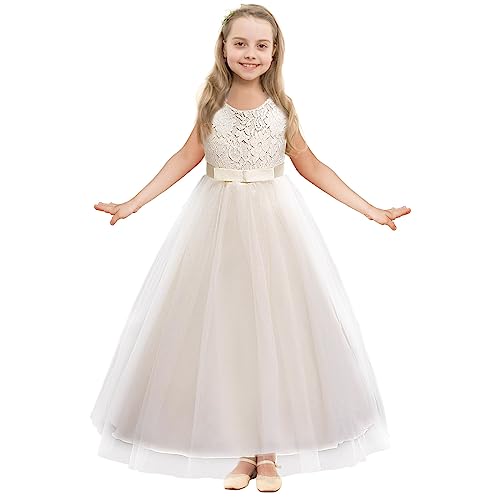 M MUNCASO Prom Dresses for Kids,Flower Girls Floral Lace Sleeveless Floor Length Wedding Formal Dress,Bow Tie Lace Girls Princess Dress,First Communion Pageant Dresses Wedding Flower Dress Champagne