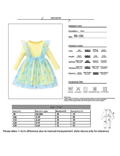 Toddler Baby Girls Dress Ribbed Long Sleeve Ruffle Unicorn/Mermaids Tulle Bowknot Dresses Casual Party Princess Dress for Girls 1-6 Years Yellow