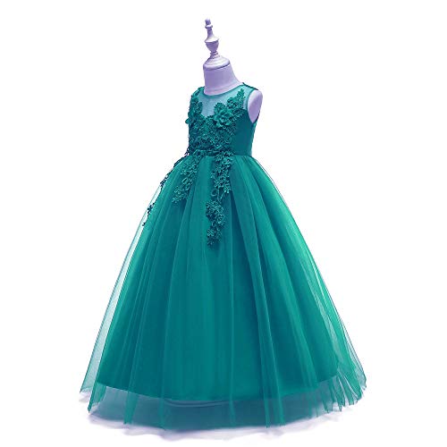 IWEMEK Kids Big Girls Bridesmaid Tulle Lace Dress School Girls Elegant Communion Ball Gown Dance Pageant Birthday Christmas Party Prom Evening Wedding Flower Dress Sleeveless Floor Length Green 10-11
