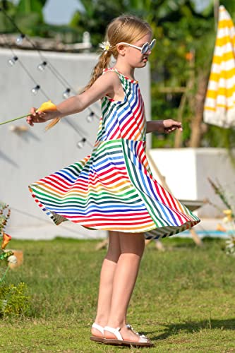 Belovecol Girls Cotton Dress Cute Print Casual Party Sundress Stripe Rainbow Dress 13-15 Years
