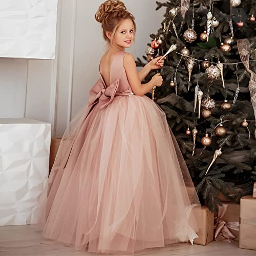Elegant Pearls Satin Bow Knot Tulle Backless Flower Girl Dresses for Wedding Kids Princess Tulle Ball Gown (Dusty Rose Pink, 8-9Years)