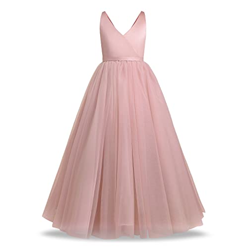Flower Girl Dress Kids First Communion Dress Sleeveless V-Neck Mesh Tulle Tutu Princess A-line Puffy Wedding Junior Bridesmaid Evening Formal Party Pageant Birthday Prom Gown Dusty Pink 6-7 Years