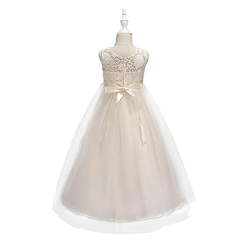 M MUNCASO Prom Dresses for Kids,Flower Girls Floral Lace Sleeveless Floor Length Wedding Formal Dress,Bow Tie Lace Girls Princess Dress,First Communion Pageant Dresses Wedding Flower Dress Champagne