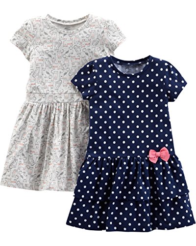 Simple Joys by Carter's Toddler Girls' Short-Sleeve and Sleeveless Dress Sets, Pack of 2, Grey Kitten/Navy Dots, 4 Years