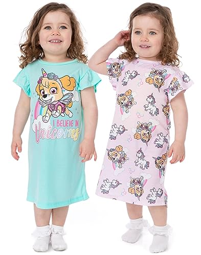 Paw Patrol Nightie 2 Pack Kids | Girls Pink And Blue Skye Unicorn Night Dress | Short Sleeve Pyjamas | Children TV Series Merchandise