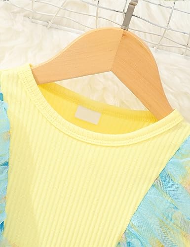 Toddler Baby Girls Dress Ribbed Long Sleeve Ruffle Unicorn/Mermaids Tulle Bowknot Dresses Casual Party Princess Dress for Girls 1-6 Years Yellow