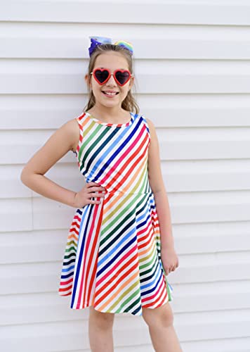 Belovecol Girls Cotton Dress Cute Print Casual Party Sundress Stripe Rainbow Dress 13-15 Years