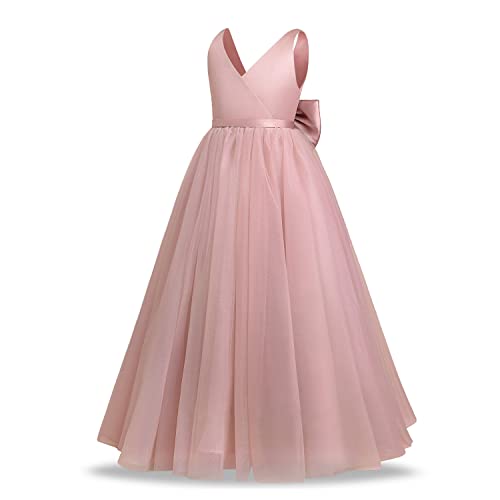 Flower Girl Dress Kids First Communion Dress Sleeveless V-Neck Mesh Tulle Tutu Princess A-line Puffy Wedding Junior Bridesmaid Evening Formal Party Pageant Birthday Prom Gown Dusty Pink 6-7 Years