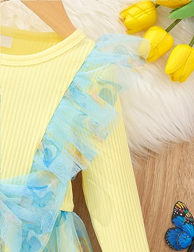Toddler Baby Girls Dress Ribbed Long Sleeve Ruffle Unicorn/Mermaids Tulle Bowknot Dresses Casual Party Princess Dress for Girls 1-6 Years Yellow