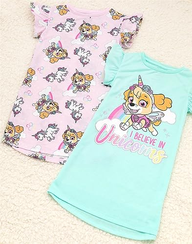 Paw Patrol Nightie 2 Pack Kids | Girls Pink And Blue Skye Unicorn Night Dress | Short Sleeve Pyjamas | Children TV Series Merchandise