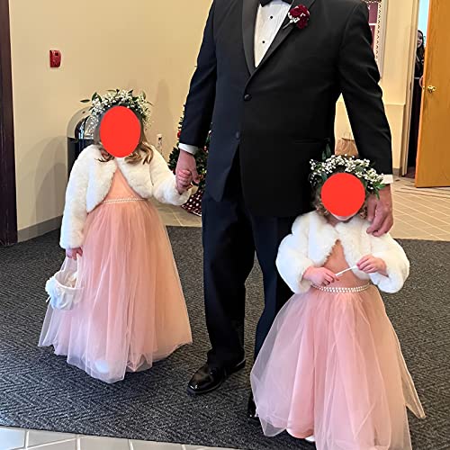 Elegant Pearls Satin Bow Knot Tulle Backless Flower Girl Dresses for Wedding Kids Princess Tulle Ball Gown (Dusty Rose Pink, 8-9Years)