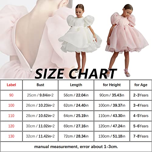 M MUNCASO Girls Party Dress, V Backless Puff Short Sleeves, Ruffle Hem Dresses Up for Wedding Dinner Birthday Occasion, 2-8 Years (White, for Height, 90cm/35.4in)