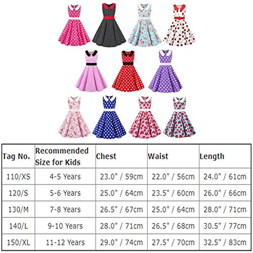 Kids 'Audrey' Vintage 50's Girls Dress Polka Dot Retro Floral Print Skater Rockabilly A Line Swing Party Dresses for Wedding Brithday Christmas Cocktail Evening Prom Blue 9-10 Years