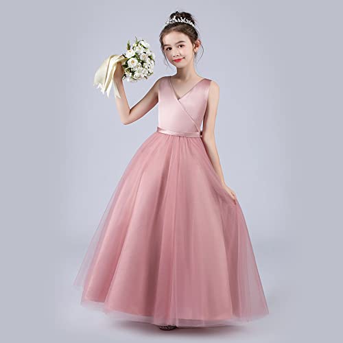 Flower Girl Dress Kids First Communion Dress Sleeveless V-Neck Mesh Tulle Tutu Princess A-line Puffy Wedding Junior Bridesmaid Evening Formal Party Pageant Birthday Prom Gown Dusty Pink 6-7 Years