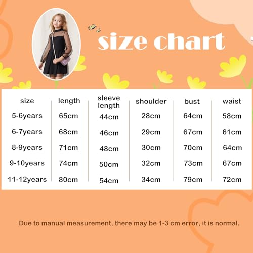 OFIMAN Girls Dress for Kids Casual Dresses for Girl Long Sleeve Mesh Party Dress High Waist A-Line Black (Black, 6-7 Years)