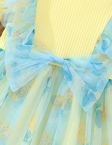 Toddler Baby Girls Dress Ribbed Long Sleeve Ruffle Unicorn/Mermaids Tulle Bowknot Dresses Casual Party Princess Dress for Girls 1-6 Years Yellow