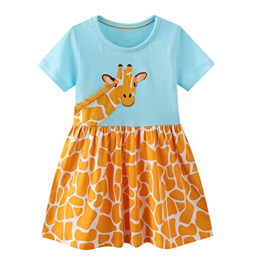 Little Girls Summer Dress Cotton Giraffe Dresses Girl's Short Sleeve Shirt Tops for Kids 2-7 Years