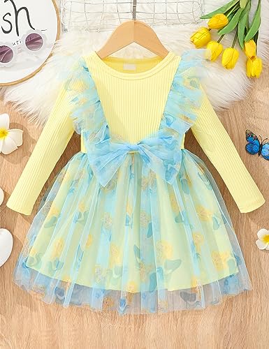 Toddler Baby Girls Dress Ribbed Long Sleeve Ruffle Unicorn/Mermaids Tulle Bowknot Dresses Casual Party Princess Dress for Girls 1-6 Years Yellow