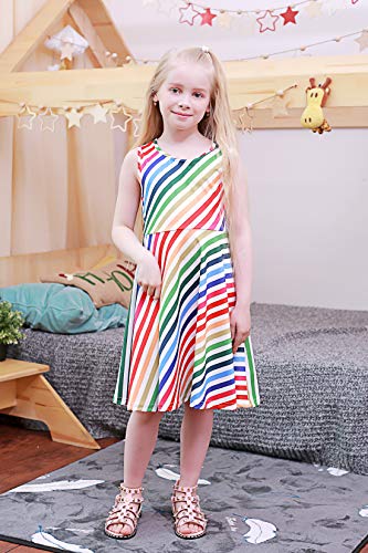 Belovecol Girls Cotton Dress Cute Print Casual Party Sundress Stripe Rainbow Dress 13-15 Years