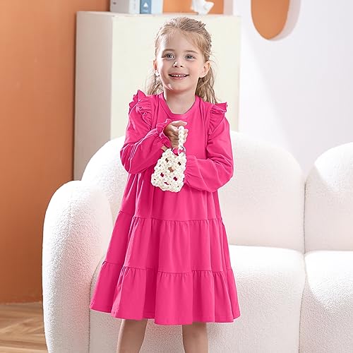ChicSky Lovely Dress for Girls Plain Long Sleeve Cotton Ruffle Dress Toddler Winter Dresses Casual Tiered Swing Dress Girls 5-6 Years Pink