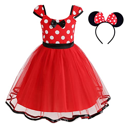 WIOLETA Girls Fancy Dress Polka Dot Costume with Mouse Ears Headband Mouse Dress Up Kids Mini Mouse Dress Up For Girls Child Birthday Dresses/Halloween Cosplay (100)