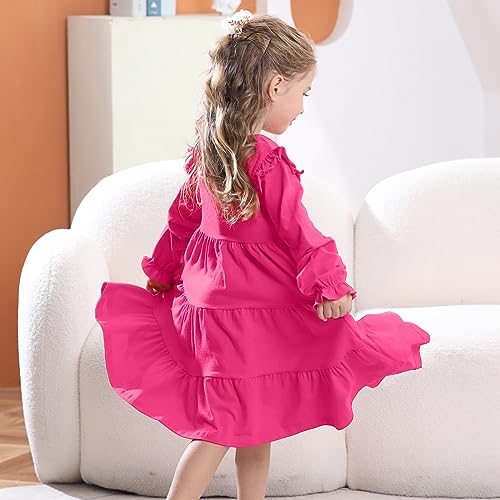 ChicSky Lovely Dress for Girls Plain Long Sleeve Cotton Ruffle Dress Toddler Winter Dresses Casual Tiered Swing Dress Girls 5-6 Years Pink