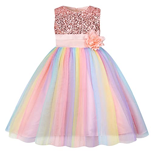 ChicSky Princess Dress Girls Rainbow Tulle Children Dresses Sequin Flower Wedding Birthday Party Little Girls Dresse for 8-9 Years