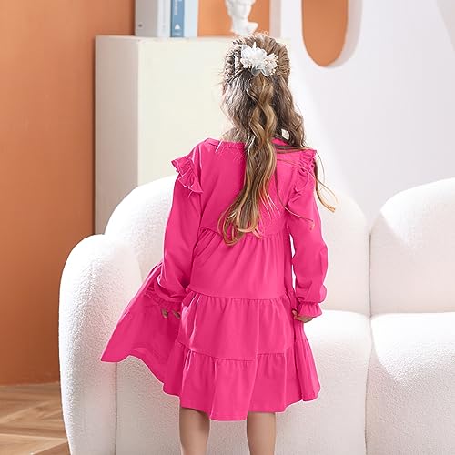 ChicSky Lovely Dress for Girls Plain Long Sleeve Cotton Ruffle Dress Toddler Winter Dresses Casual Tiered Swing Dress Girls 5-6 Years Pink