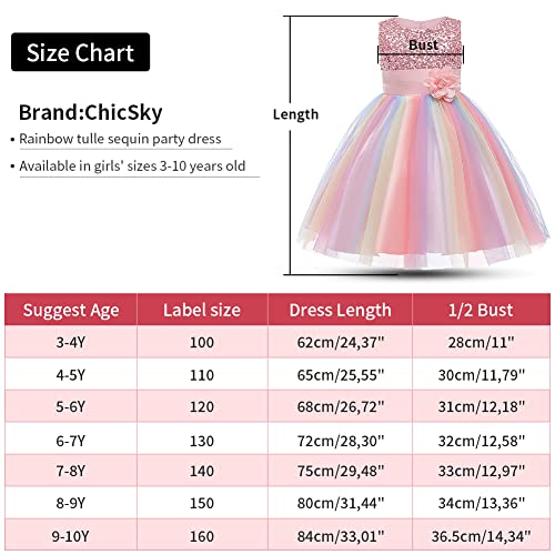 ChicSky Princess Dress Girls Rainbow Tulle Children Dresses Sequin Flower Wedding Birthday Party Little Girls Dresse for 8-9 Years