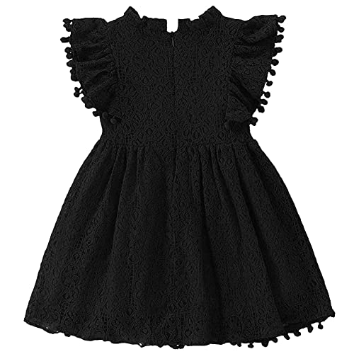 PythJooh Toddler Girl Flutter Sleeve Party Dress Baby Kids Elegant Lace Pom Pom Princess Dress for 1-7Years Black