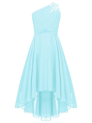 CHICTRY Kids Girls Sequin One Shoulder Formal Party Dance Gown High-Low Chiffon Proms Dresses Light Blue 13-14 Years