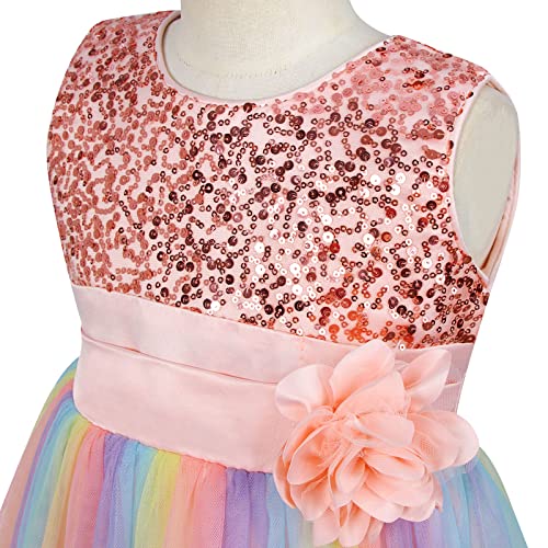 ChicSky Princess Dress Girls Rainbow Tulle Children Dresses Sequin Flower Wedding Birthday Party Little Girls Dresse for 8-9 Years