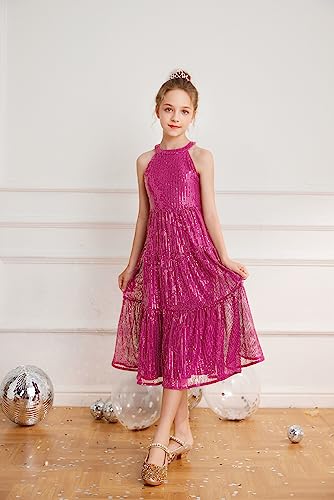 Girls Sparkly Sequin Princess Maxi Ocassion Dresses Halterneck Prom Party Dresses for 7-8 Years Hot Pink