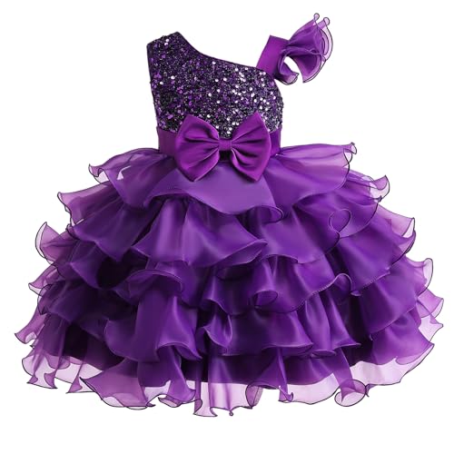 Miipat Girls Dress One-Shoulder Sequins Sleeveless Flower Girl Wedding Bridesmaid Dresses Tutu Ruffles Kids Dress for Party Birthday 140 8-9 Years Purple