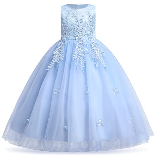 Flower Girls Dress Floral Embroidered Sleeveless Wedding Bridesmaid Birthday Party Dresses Kids Princess Pageant Gown First Communion Evening Long Dress Prom Ball for Girls Sky Blue 11-12 Years
