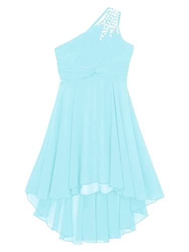 CHICTRY Kids Girls Sequin One Shoulder Formal Party Dance Gown High-Low Chiffon Proms Dresses Light Blue 13-14 Years
